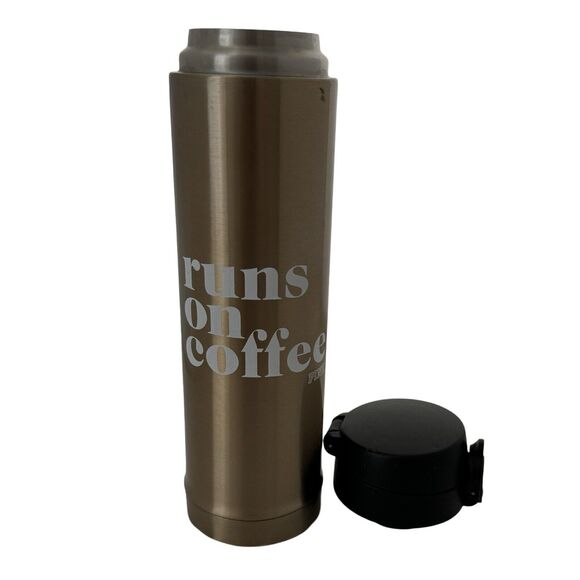 PINK Victorias Secret Travel Mug Runs On Coffee 15 oz Brown Gold Tone Hot Cold - Picture 7 of 9